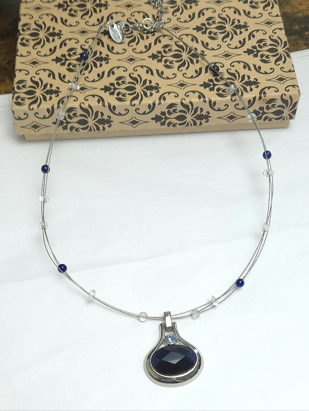 Lia Sophia Blue Crystal Beaded Wire Pendant Necklace 18" long